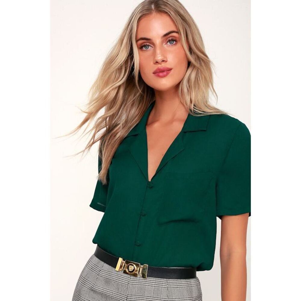NEW Lulus Good Luck Charm Dark Green Short Sleeve Button-up Top - Size XS